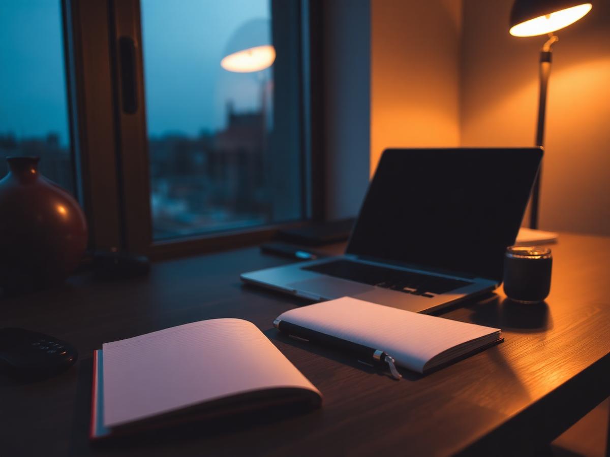 A quiet desk setup with a laptop and notebook at dusk